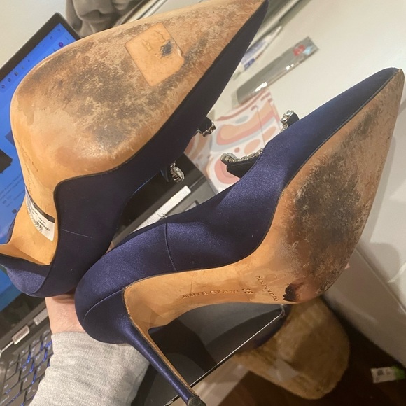 Manolo Blahnik Navy Satin Heels with Crystal Detail - Picture 6 of 9
